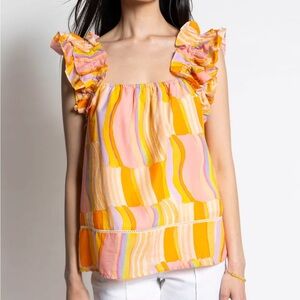 Lightly worn multi-color print sleeveless blouse. Good condition.